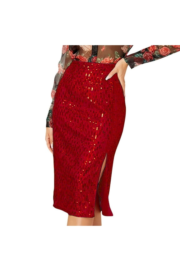2024 Women's High Waist Sequin Skirt Front Slit Bodycon Fit Stretch Sparkly Rhinestone Work Midi Skirts Red