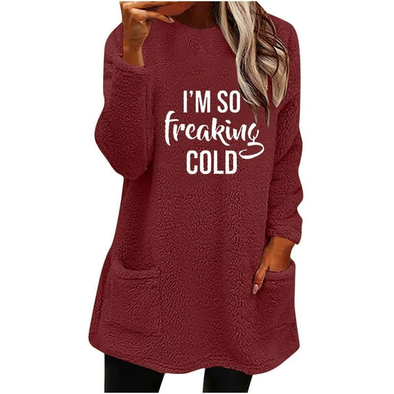 Lovskoo Women's Fuzzy Fleece Sweatshirt Pullover Tops Crewneck Long Sleeve Pocket Printed Winter Thick Warm Plush Top Claret