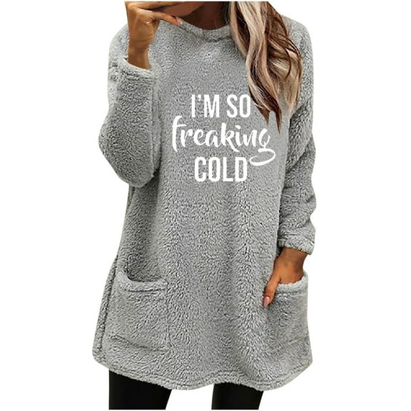 Lovskoo Women's Fuzzy Fleece Sweatshirt Pullover Tops Crewneck Long Sleeve Pocket Printed Winter Thick Warm Plush Top Gray