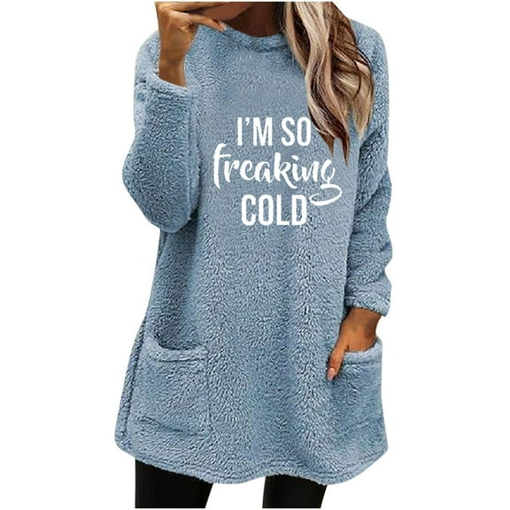 Lovskoo Women's Fuzzy Fleece Sweatshirt Pullover Tops Crewneck Long Sleeve Pocket Printed Winter Thick Warm Plush Top Light Blue