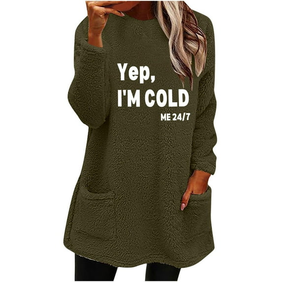 Lovskoo Women's Fuzzy Fleece Sweatshirt Pullover Tops Crewneck Long Sleeve Pocket Printed Winter Thick Warm Plush Top Olive Green