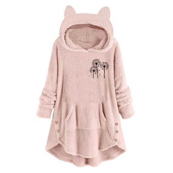 Lovskoo 2024 Women's Hoodies Coat Animal Ear Cap Fuzzy Fleece Tops Cozy Christmas Printing Buttons Long Sleeve Hooded Plush Pullover Pink