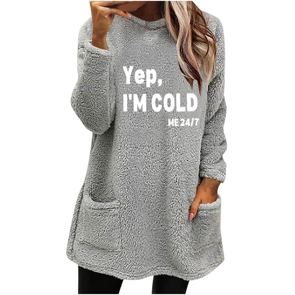 Lovskoo Women's Fuzzy Fleece Sweatshirt Pullover Tops Crewneck Long Sleeve Pocket Printed Winter Thick Warm Plush Top Gray