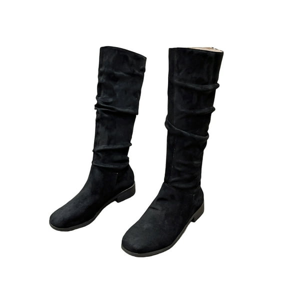 Lovskoo 2024 Women's Knee High Boots Faux Suede Round Toe Warm Retro Zipper Shoes Low Heel Western Boots Black