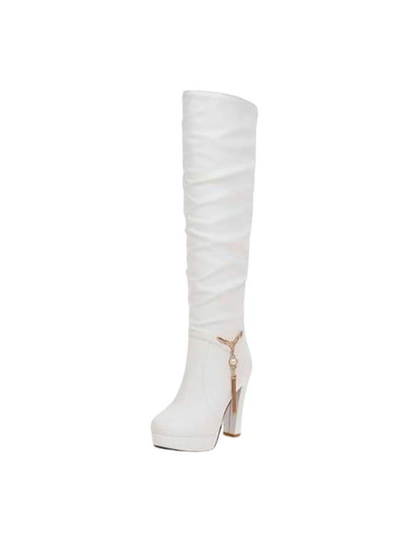 Women's Knee High Boots Thigh High Leather Pointed Toe Chunky Stacked Heel Platform Shoes Solid Color High Heel Casual Warm Winter Boots White