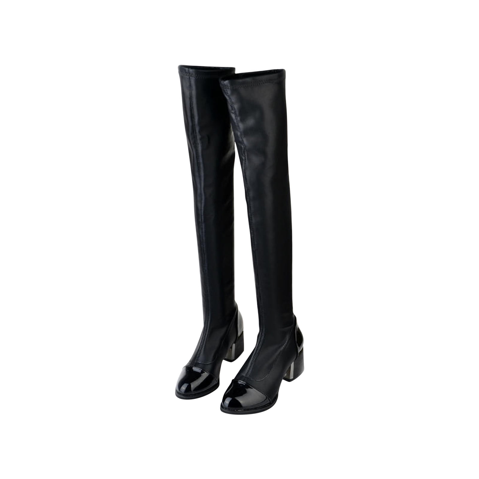 stacked heel knee high boots
