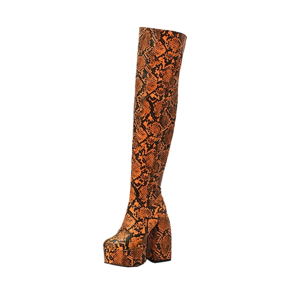 Lovskoo 2024 Women's Knee High Boots Thigh High Leather Round Toe Wedge Platform Shoes Serpentine Pattern Ultra High Heel Winter Ladies Over The Knee Western Boots Orange
