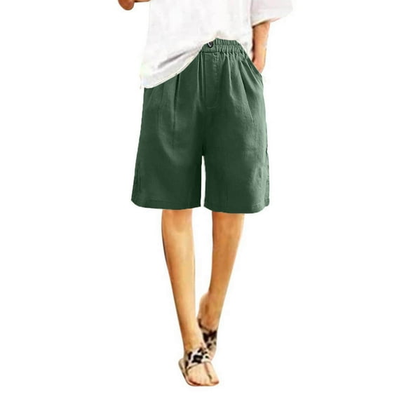 Lovskoo 2024 Women's Knee Length Shorts Cotton and Linen Pants Half Pants Summer Elastic Waist Buttons Casual Pockets Shorts Green