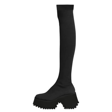 Lovskoo 2024 Women's Knit Tall Knee High Boots Platform Chunky Heel Square Toe Slip On Shoes Comfortable Winter Knitted Sock Boots Black
