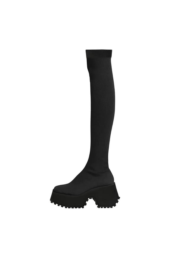 2024 Women's Knit Tall Knee High Boots Platform Chunky Heel Square Toe Slip On Shoes Comfortable Winter Knitted Sock Boots Black
