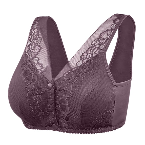 Lovskoo 2024 Women's Lace Front Button Shaping Cup Adjustable Shoulder Strap Large Size Underwire Bra Support Bras for Women Purple-3XL