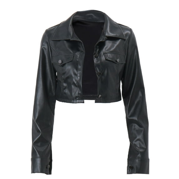 Lovskoo 2024 Women's Leather Jacket Comfortable Casual Zipper Pocket Button Solid Color Turndown Collar Leather Clothes Long Sleeve Outwear Motorcycle Jacket Black