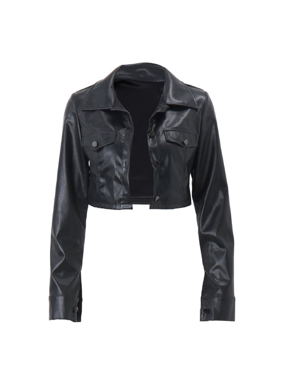 Women's Leather Jacket Comfortable Casual Zipper Pocket Button Solid Color Turndown Collar Leather Clothes Long Sleeve Outwear Motorcycle Jacket Black