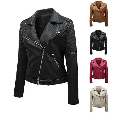Lovskoo 2024 Women's Leather Jacket Long Sleeve Lapel Slim Fitting Motorcycle Jacket Black