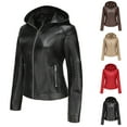thumbnail image 1 of Lovskoo 2024 Women's Leather Jacket Long Sleeve Slim Fitting Zipper Detachable Hood Motorcycle Coat Black, 1 of 8