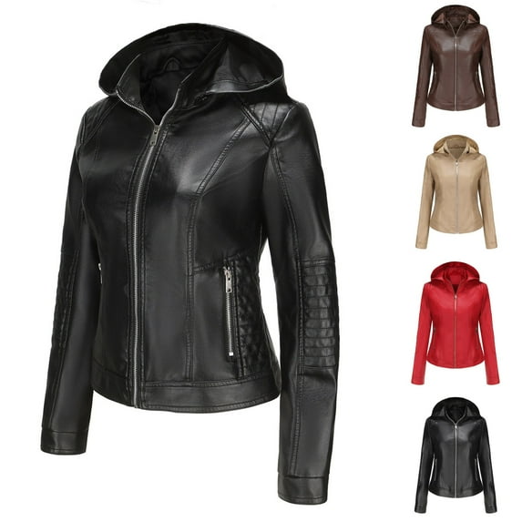 Lovskoo 2024 Women's Leather Jacket Long Sleeve Slim Fitting Zipper Detachable Hood Motorcycle Coat Coffee