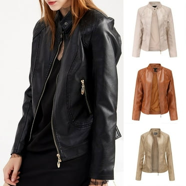 Lovskoo 2024 Women's Leather Jacket Long Sleeve Stand Collar Slim Fitting Zipper Motorcycle Jacket Beige