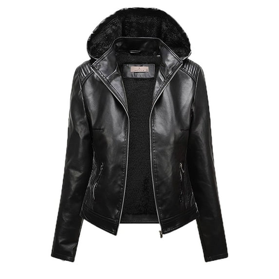 Lovskoo 2024 Women's Leather Jacket Shearling Lined Jacket Casual Hooded Zipper Long Sleeve Solid Color Leather Jacket Coat Motorcycle Jacket Black