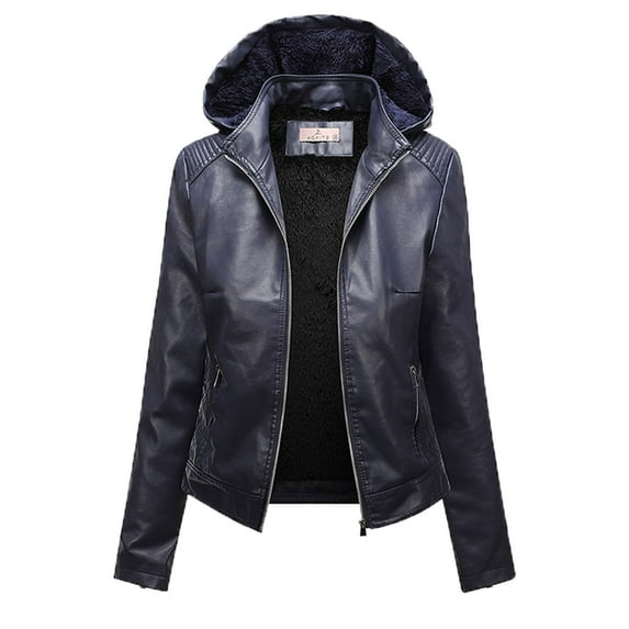 Lovskoo 2024 Women's Leather Jacket Shearling Lined Jacket Casual Hooded Zipper Long Sleeve Solid Color Leather Jacket Coat Motorcycle Jacket Blue