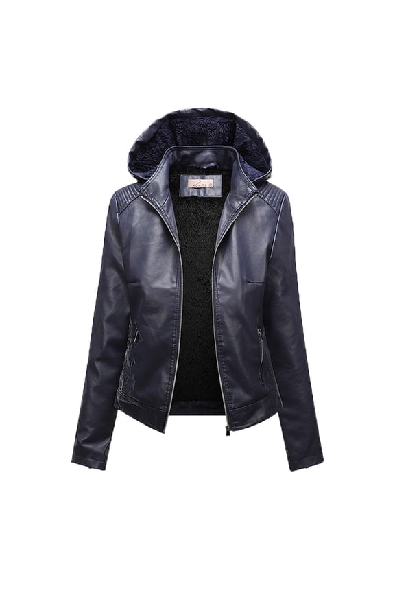 Women's Leather Jacket Shearling Lined Jacket Casual Hooded Zipper Long Sleeve Solid Color Leather Jacket Coat Motorcycle Jacket Blue