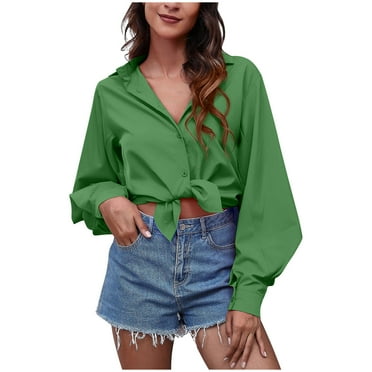 Lovskoo 2024 Women's Long Sleeve Button Down V Neck Shirts Tie Front Loose Twisted Hem Collar Business Shirt Blouse Crop Top Green