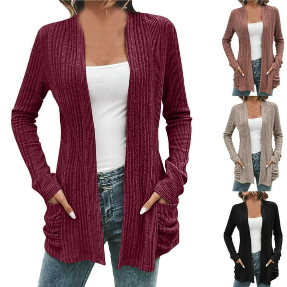 Lovskoo 2024 Women's Long Sleeve Open Front Knitting Kimono Cardigan with Pockets Black