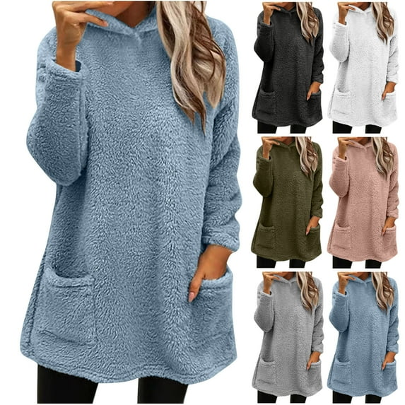 Lovskoo 2024 Women's Long Sleeve Sherpa Pullover Fuzzy Fleece Sweatshirt Winter Warm Casual Loose Fuzzy Hoodies with Pockets Light Blue