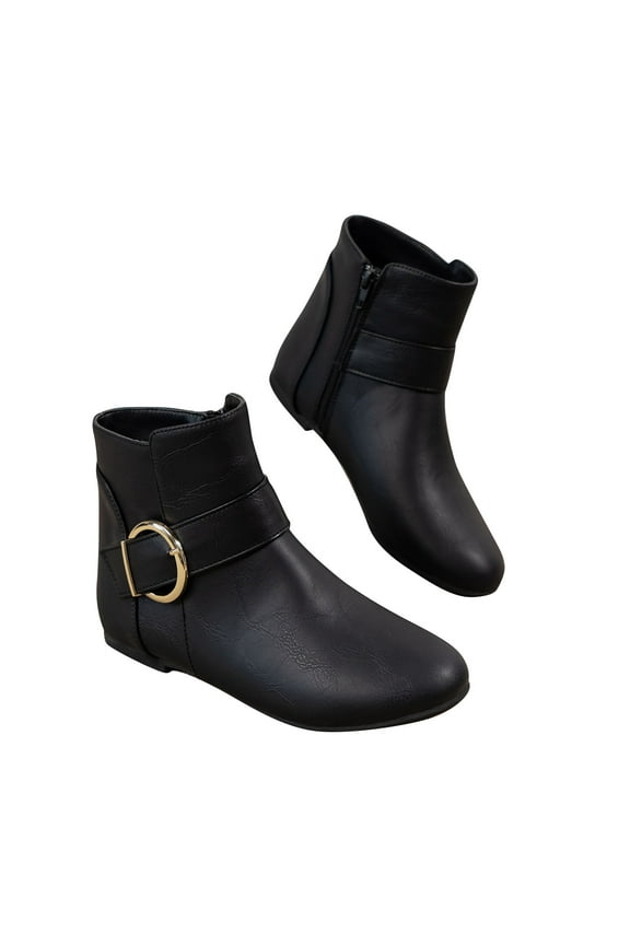 2024 Women's Low-Heeled Ankle Boots Closed Toe Large Buckle Side Zipper Flat Bottomed Low Cut Versatile Low Heels Ankles Booties Black