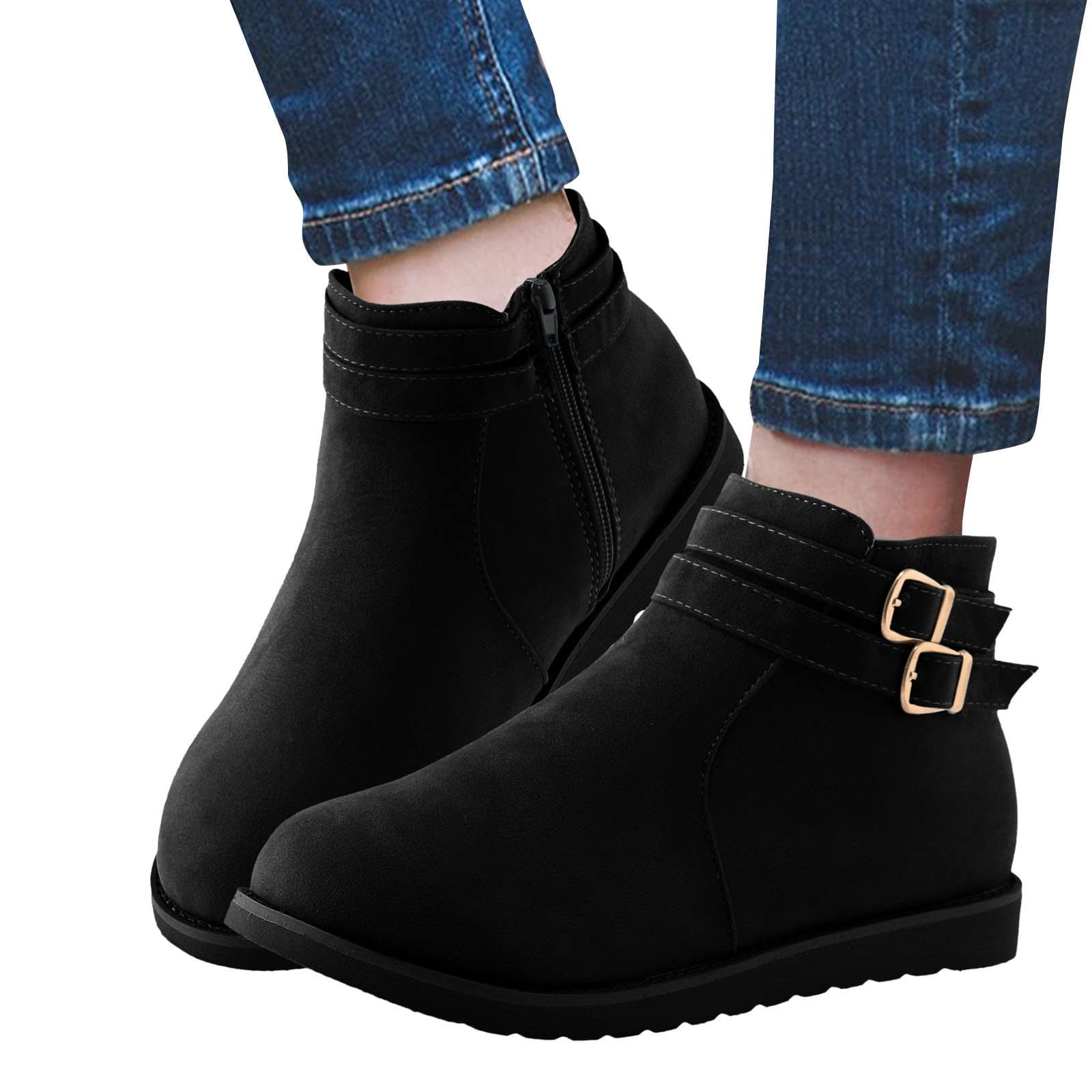 Lovskoo 2024 Women s Low Heeled Ankle Boots Round Toe Wedge Vintage Flat Heel Boots Thick Bottom Short Shoes Black Walmart
