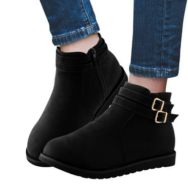 Lovskoo 2024 Women's Low-Heeled Ankle Boots Round Toe Wedge Vintage Flat Heel Boots Thick Bottom Short Shoes Black