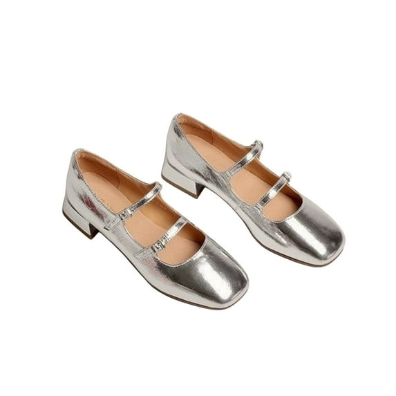 Lovskoo 2024 Women's Low Heels Shoes Square Toe Rectangular Toe Shoes Ladies Trendy Pump Shoe Heels Silver