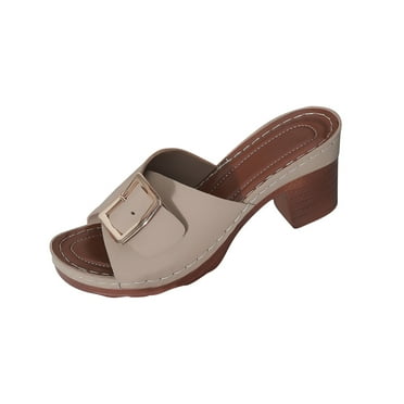 Lovskoo 2024 Women's Low Heels Slides Open Toe Summer Plus Size Thick Heel Belt Buckle Round Toe High Heels Flip-Flops Khaki