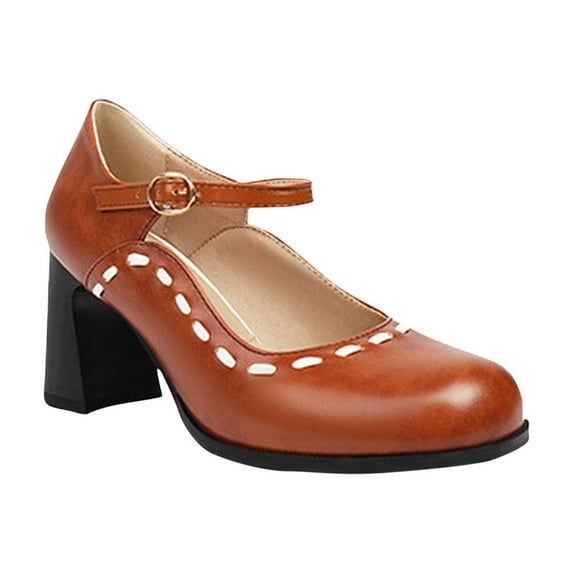 Lovskoo 2024 Women's Mary Shoes Oxford Pumps Cute High Heels Vintage Shoes 1950S Round Toe Ankle Strap Dress Shoes Brown