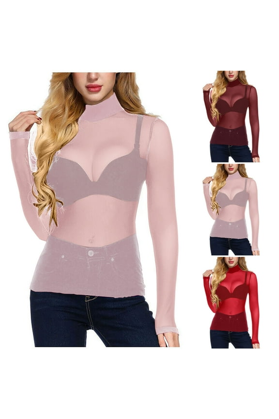 2024 Women's Mesh Tops Long Sleeve Sheer Blouse Shirt High Neck See-Through Slim Fit Tee Shirts Clubwear Pink