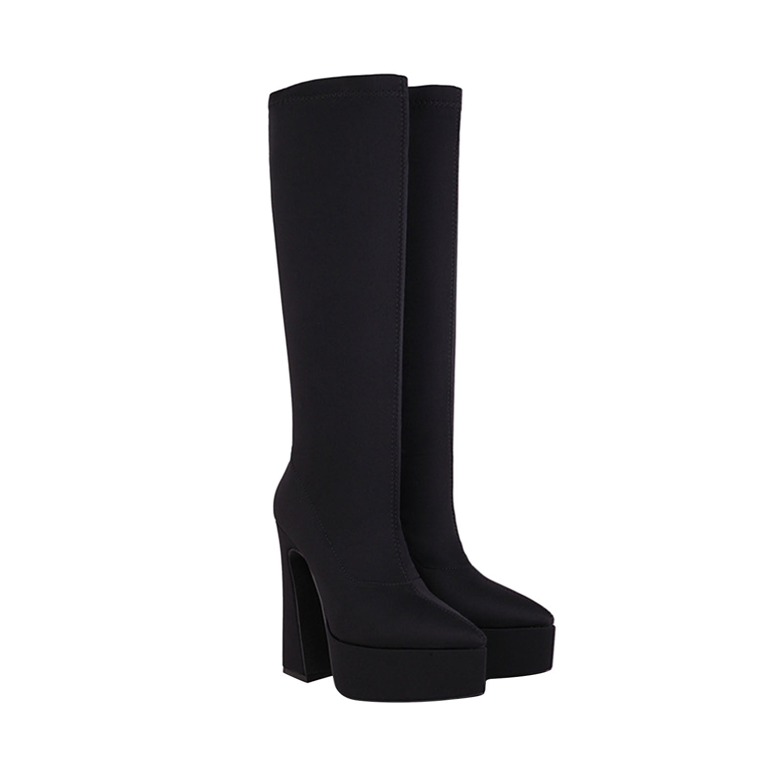 Canvas paneled pointed toe block heel mid-calf boots