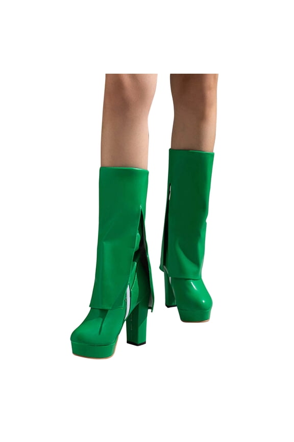 Women's Mid Calf Boots Round Toe Chunky Heel Oversized Pants Boots Waterproof Platform High Heels Thick Solid Leather Candy Colored Boots Green