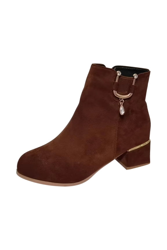 2024 Women's Middle Ankle Boots Round Toe Chunky Heel Water Diamond Single Boots Thick Heel Mid Heel Short Boots Frosted Boots Winter Fleece Naked Boots Brown
