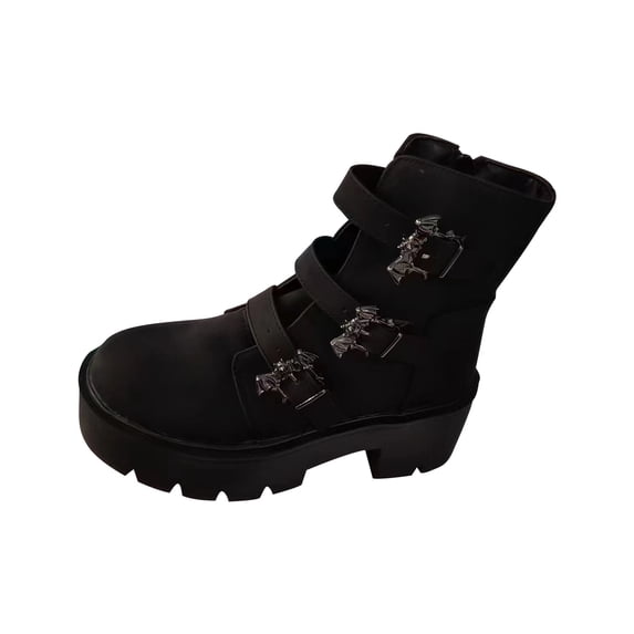 Lovskoo 2024 Women's Middle Ankle Boots Vintage Dressy Platform Metal Belt Buckle Muffin Ankle Boots Black