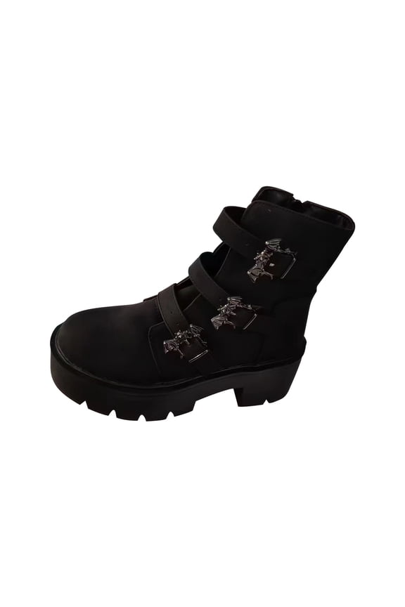 2024 Women's Middle Ankle Boots Vintage Dressy Platform Metal Belt Buckle Muffin Ankle Boots Black