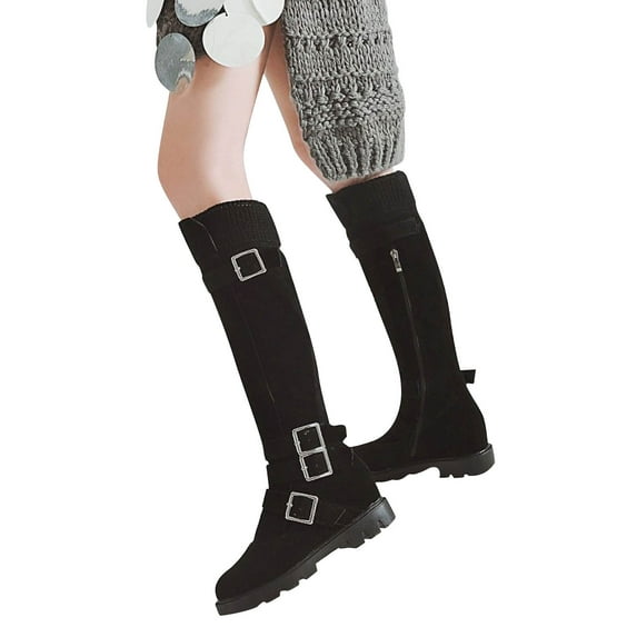 Lovskoo 2024 Women's Middle Knee High Boots Round Toe Platform Fleece Flat Bottomed Long Boots Medium Boots High Boots Black