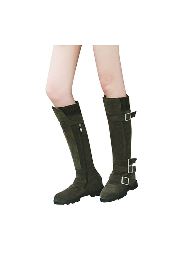 2024 Women's Middle Knee High Boots Round Toe Platform Fleece Flat Bottomed Long Boots Medium Boots High Boots Olive Green