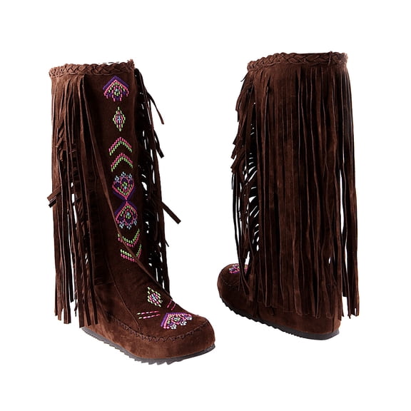Lovskoo 2024 Women's Middle Mid Calf Boots Pointed Toe Chunky Heel Plus Size Ethnic Style Retro Tassel Flannelette Lining Mid-Heel Inner Sloping Heel Flat High Boots Brown