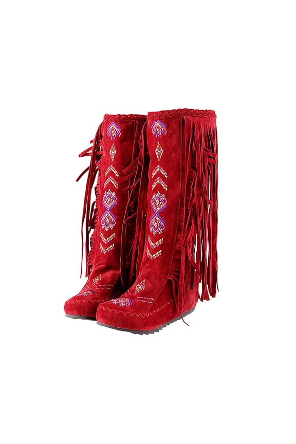2024 Women's Middle Mid Calf Boots Pointed Toe Chunky Heel Plus Size Ethnic Style Retro Tassel Flannelette Lining Mid-Heel Inner Sloping Heel Flat High Boots Red