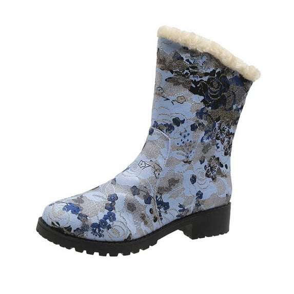 Lovskoo 2024 Women's Middle Mid Calf Boots Round Toe Chunky Heel Vintage Solid-Color Printed Fleece Mid-Heel Mid-Calf Boots Blue