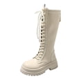 thumbnail image 1 of Lovskoo 2024 Women's Middle Mid Calf Boots Round Toe Platform English Style Thick Soles Lace-Up High Tube Dressy Biker Boots Beige, 1 of 8