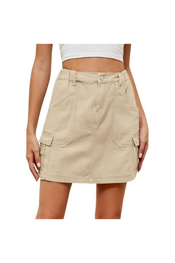 2024 Women's Mini Denim Skirt Streetwear Elastic Waist Workwear Pocket Short Skirt Half Skirt Khaki