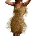 thumbnail image 1 of Lovskoo 2024 Women's Mini Sequin Dress Deep V-Neck Sleeveless Solid Color Bodycon Cocktail Dress with Tassel Wedding Guest Dress Gold, 1 of 9