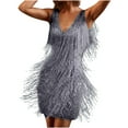 thumbnail image 1 of Lovskoo 2024 Women's Mini Sequin Dress Deep V-Neck Sleeveless Solid Color Bodycon Cocktail Dress with Tassel Wedding Guest Dress Gray, 1 of 9