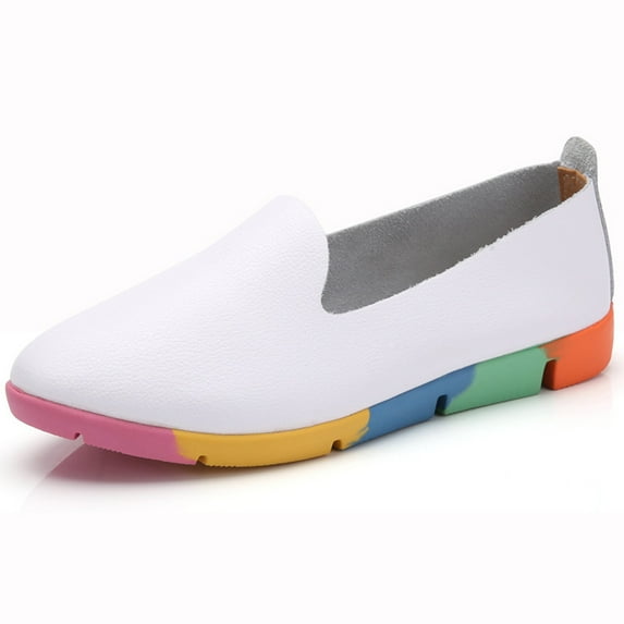 Lovskoo 2024 Women's Moccasin Slippers Round Toe Small Leather Shoes Flat Heel Collision Ladies Single Shoes Water Proof White