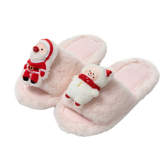 Lovskoo 2024 Women's Novelty Christmas Slippers Open Toe Cute Santa Claus House Bedroom Slippers Fuzzy Fleece Comfy Lined Slide Shoes Pink